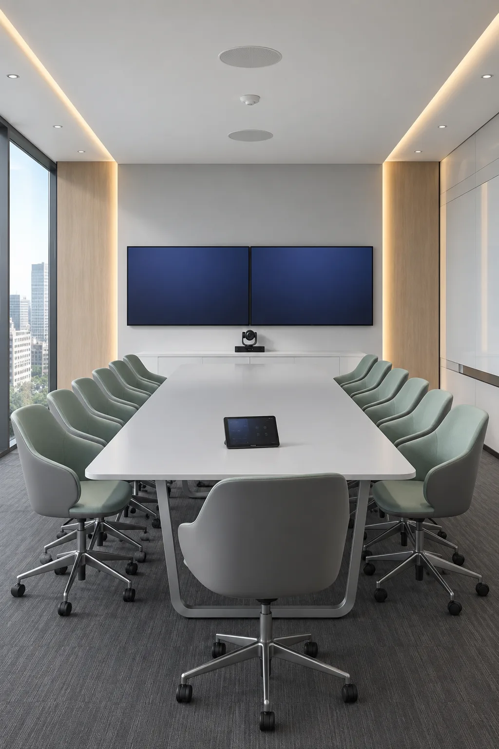 A conference room set up for video calls, with dual wall displays, a conferencing camera and a table control panel