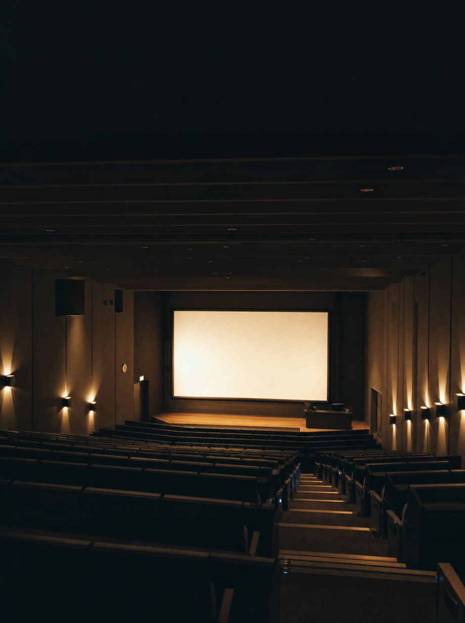 Empty auditorium with rows of seats facing a lit projection screen