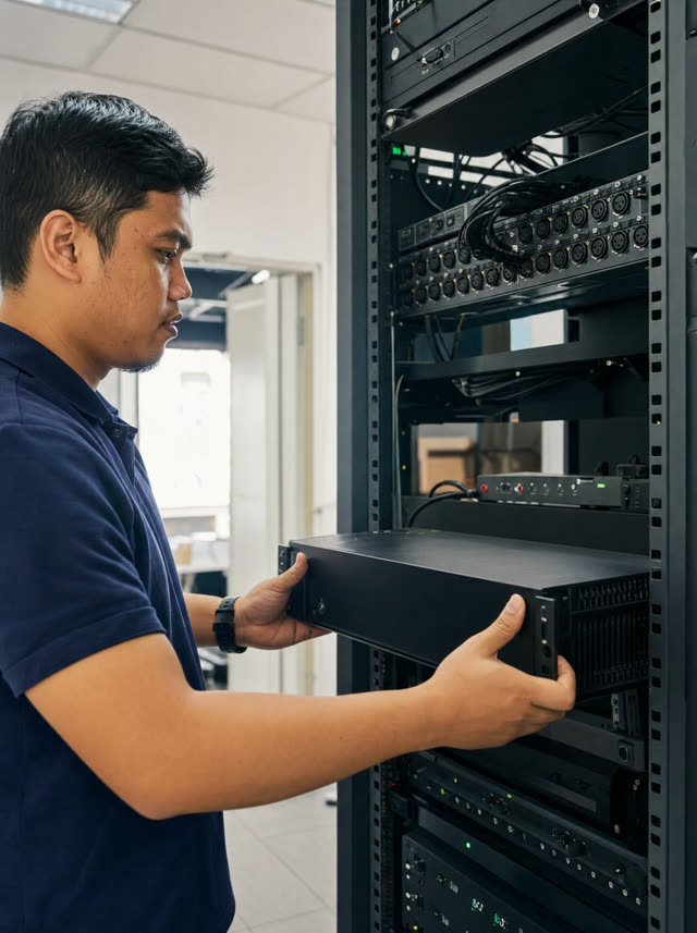 Engineer fitting a rack mounted unit into an equipment rack