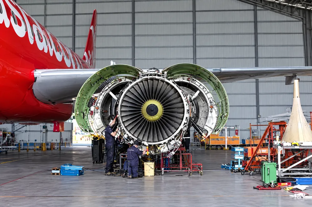 Aircraft engine under maintenance inside the hangar