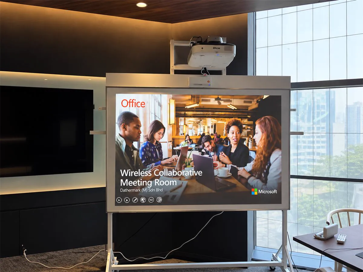 Epson interactive projector on a mobile stand showing the wireless collaborative meeting room welcome screen