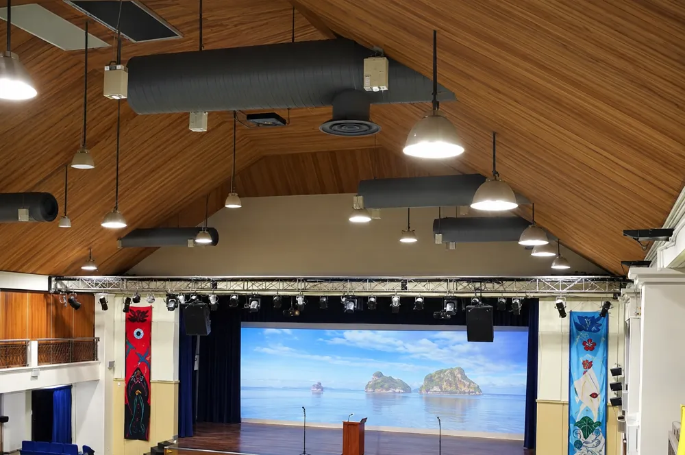 Edge-blended projection above the stage of the multi-purpose hall