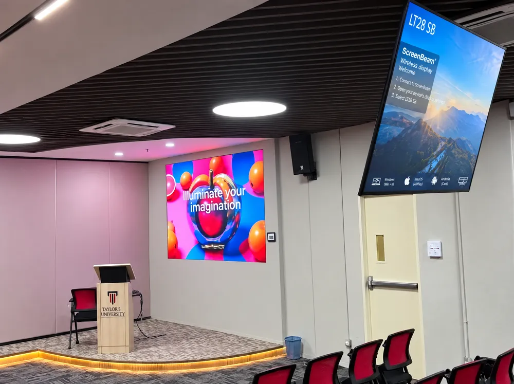 Creative room with a large commercial display