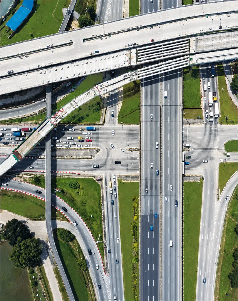 Aerial view of a highway toll plaza and interchange