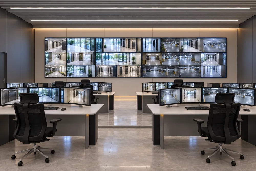 Control room with a video wall of camera feeds