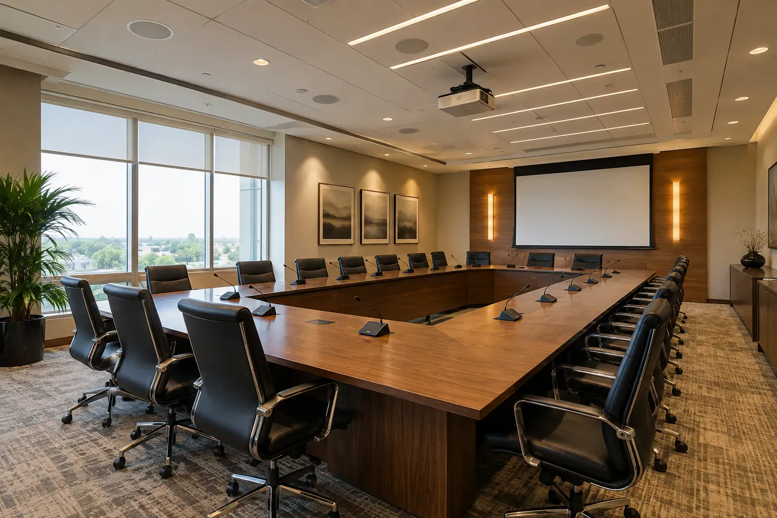 Boardroom with a U shaped table, microphones at each seat and a projection screen on the end wall