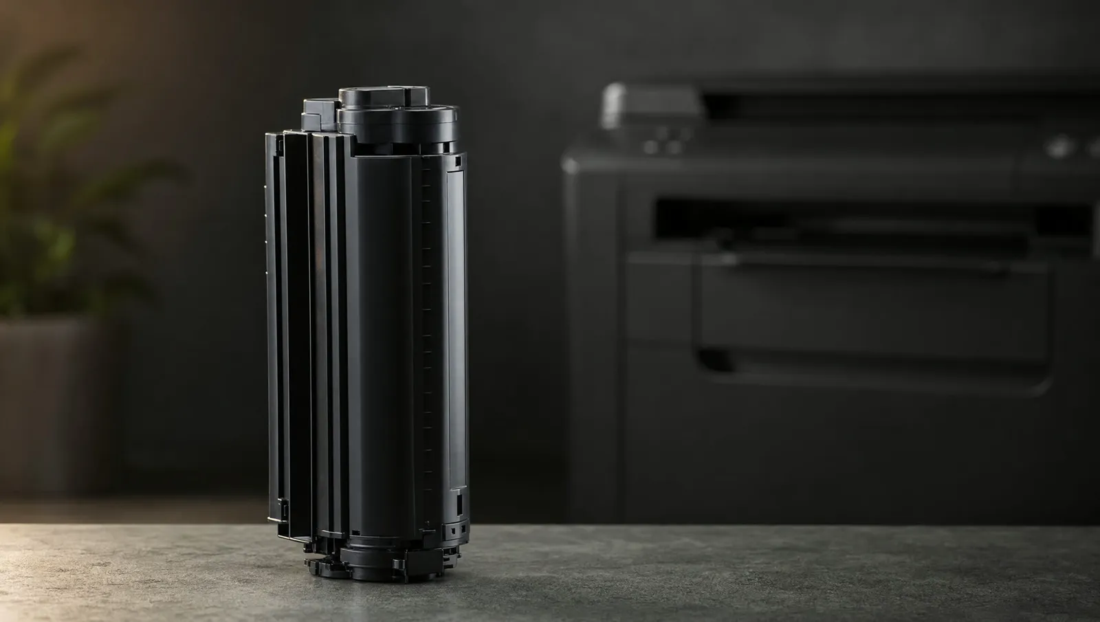 Black laser toner cartridge standing on a desk in front of a multifunction printer