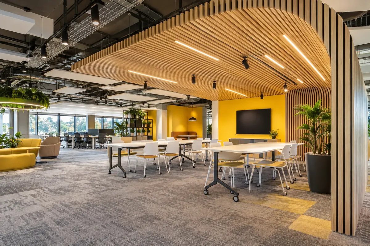 Open plan office with a timber slat ceiling, pendant lighting and a wall mounted display over the meeting tables